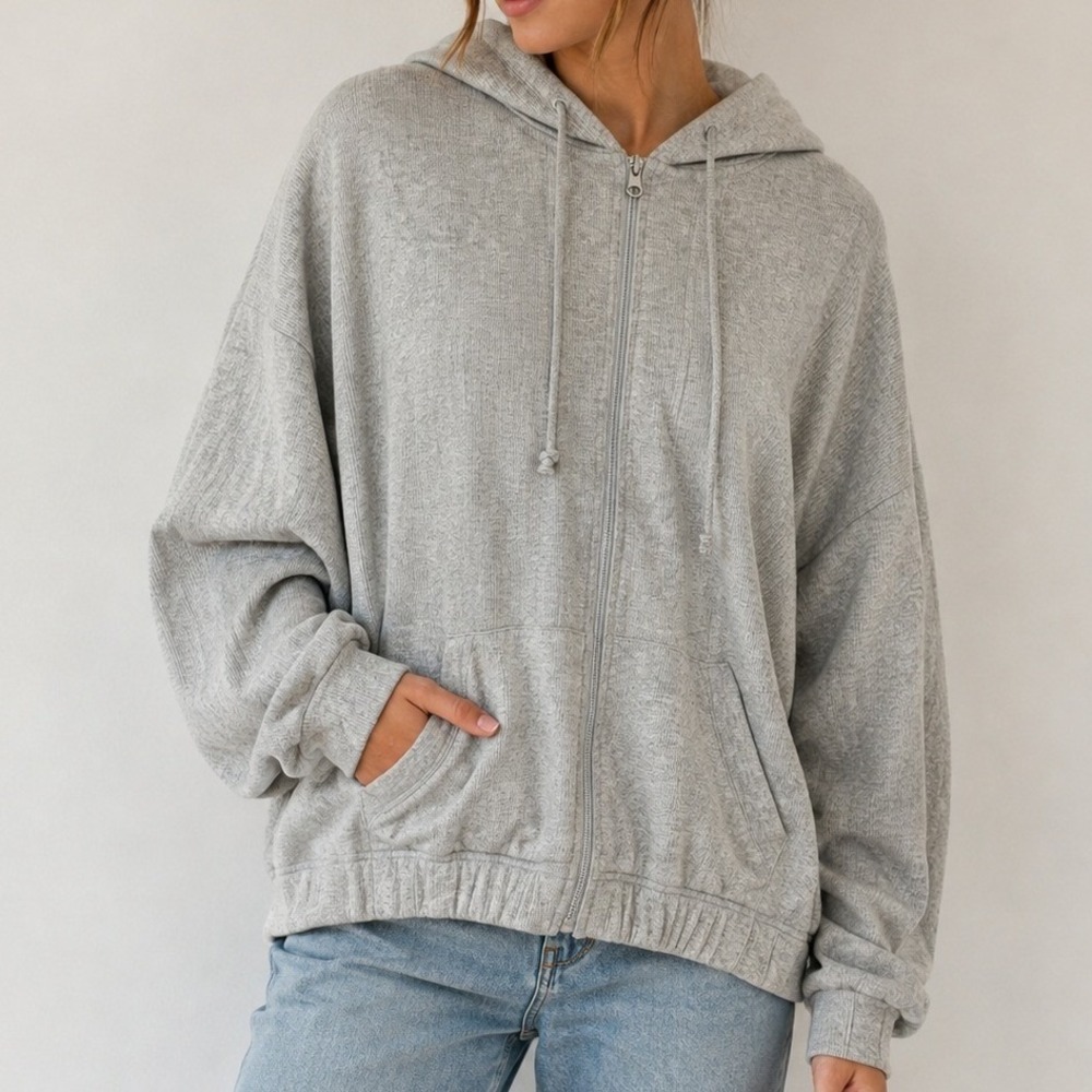 PacSun Zip Up Hoodie Womens S Grey Oversized Ribbed Knit Long Sleeve Relaxed